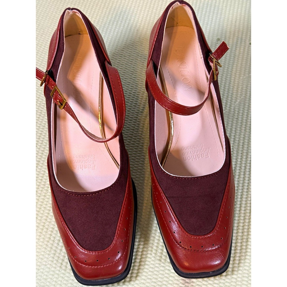 fashion Jinpinnuxie  Brown Colorblock Leather/Suede Mary Jane Block Heel 9